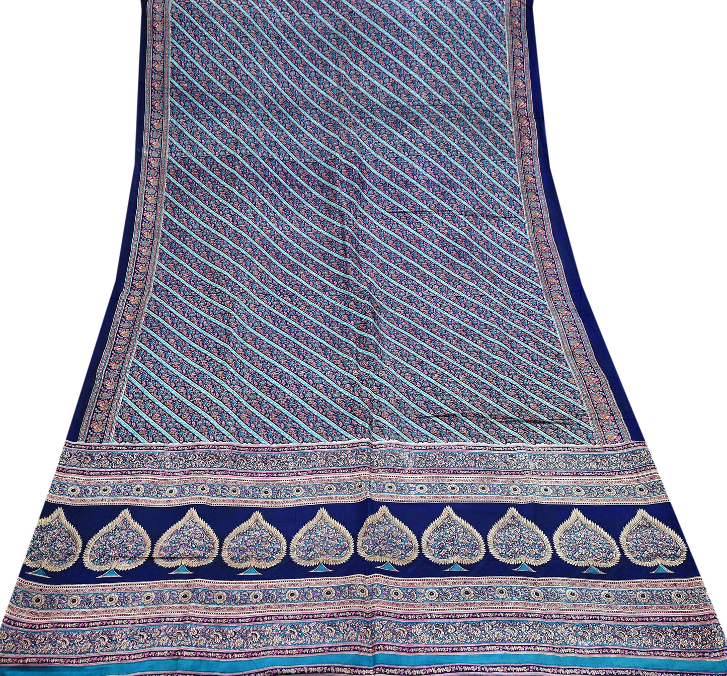 Indian Vintage Sari Blue Pure Silk Printed Sarees 5yd Sewing Craft Fabric Soft Dress Making Wrap Paisley Upcycle Quilting Crafting