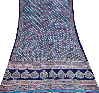 Indian Vintage Sari Blue Pure Silk Printed Sarees 5yd Sewing Craft Fabric Soft Dress Making Wrap Paisley Upcycle Quilting Crafting