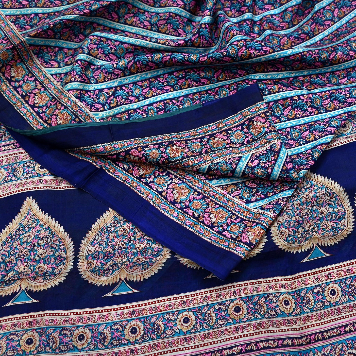 Indian Vintage Sari Blue Pure Silk Printed Sarees 5yd Sewing Craft Fabric Soft Dress Making Wrap Paisley Upcycle Quilting Crafting