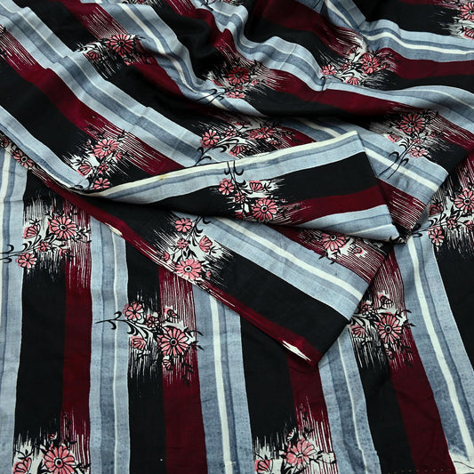 Indian Vintage Sari  Black & Maroon 100% Pure Silk Printed Saree 5yd Sewing Craft Fabric DressMaking Soft Quilting Crafting Upcycle Used