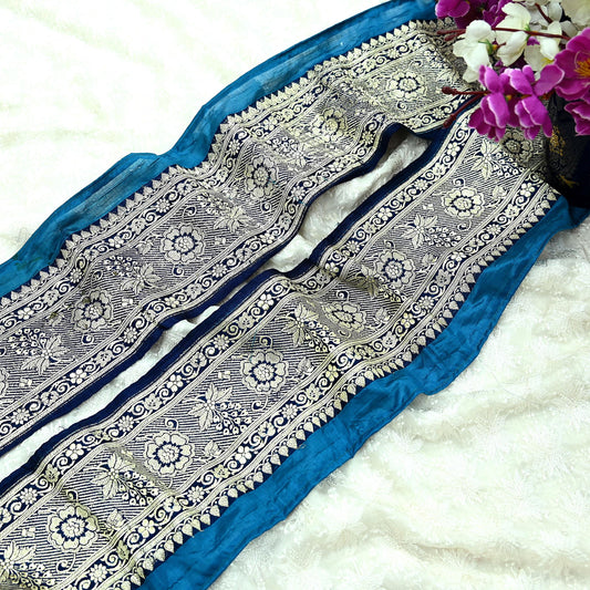Indian Vintage Blue Sari Border Woven Banarasi 1yd Trim Craft Sewing Recycled Sari Border Golden Zari Pure Silk Home Decor Crafting