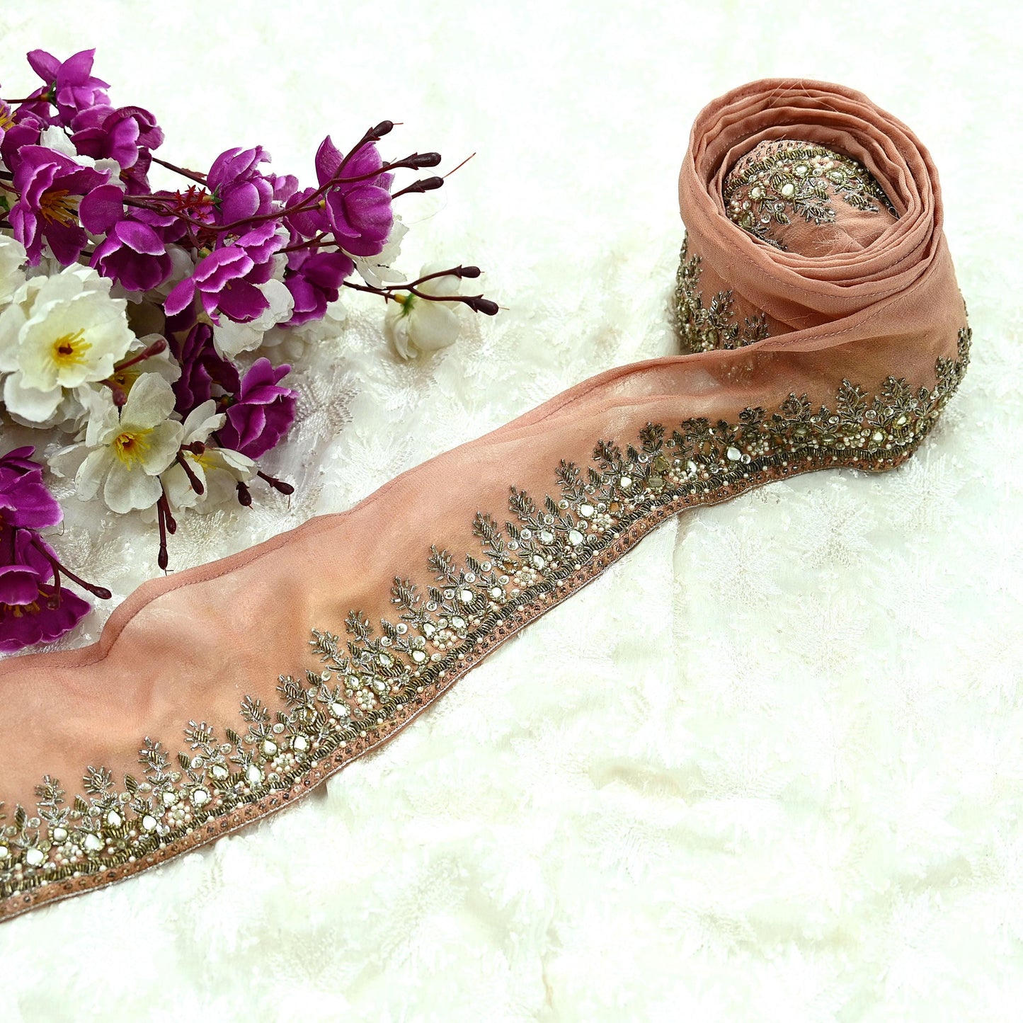 Indian Vintage Peach Sari Border Hand Embroidered Craft Trim Lace Sewing Pure Georgette Silk Ribbon Recycled Zardozi