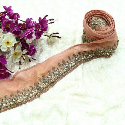 Indian Vintage Peach Sari Border Hand Embroidered Craft Trim Lace Sewing Pure Georgette Silk Ribbon Recycled Zardozi