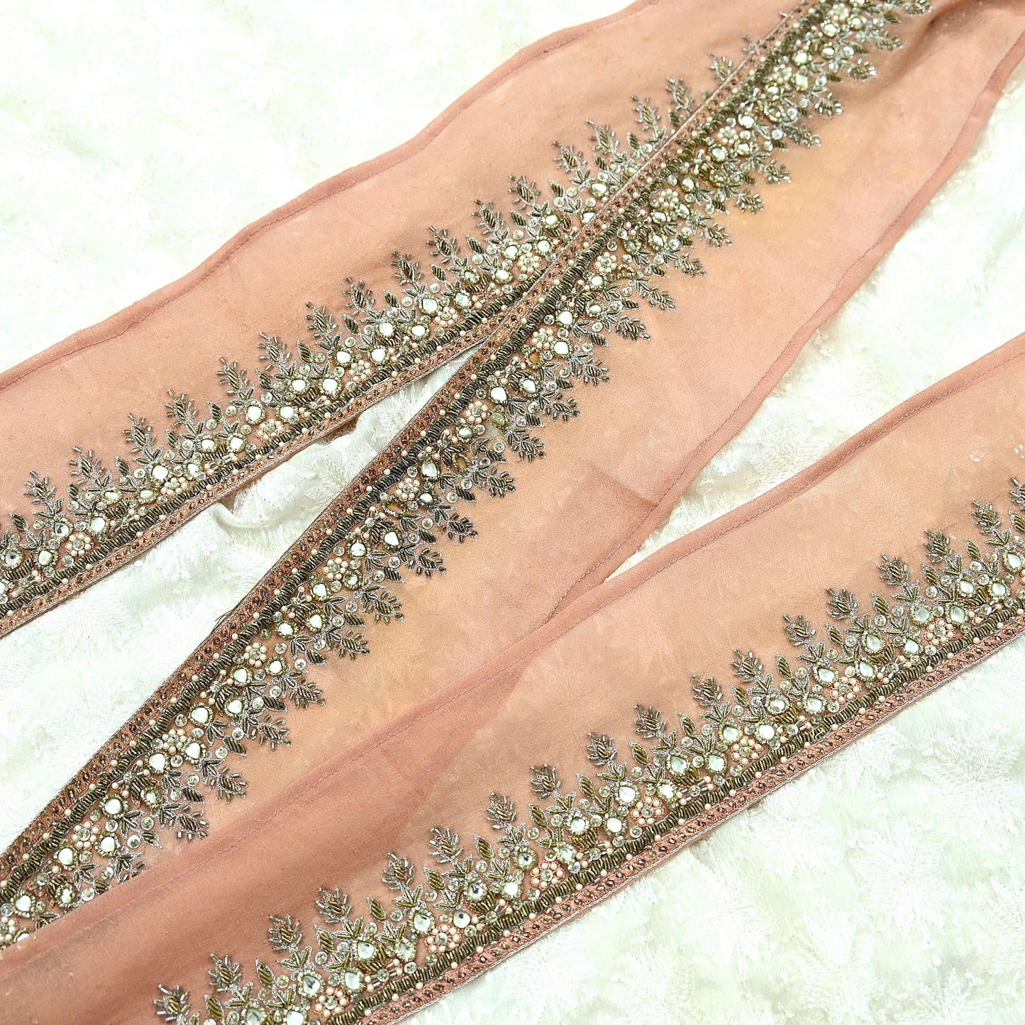 Indian Vintage Peach Sari Border Hand Embroidered Craft Trim Lace Sewing Pure Georgette Silk Ribbon Recycled Zardozi