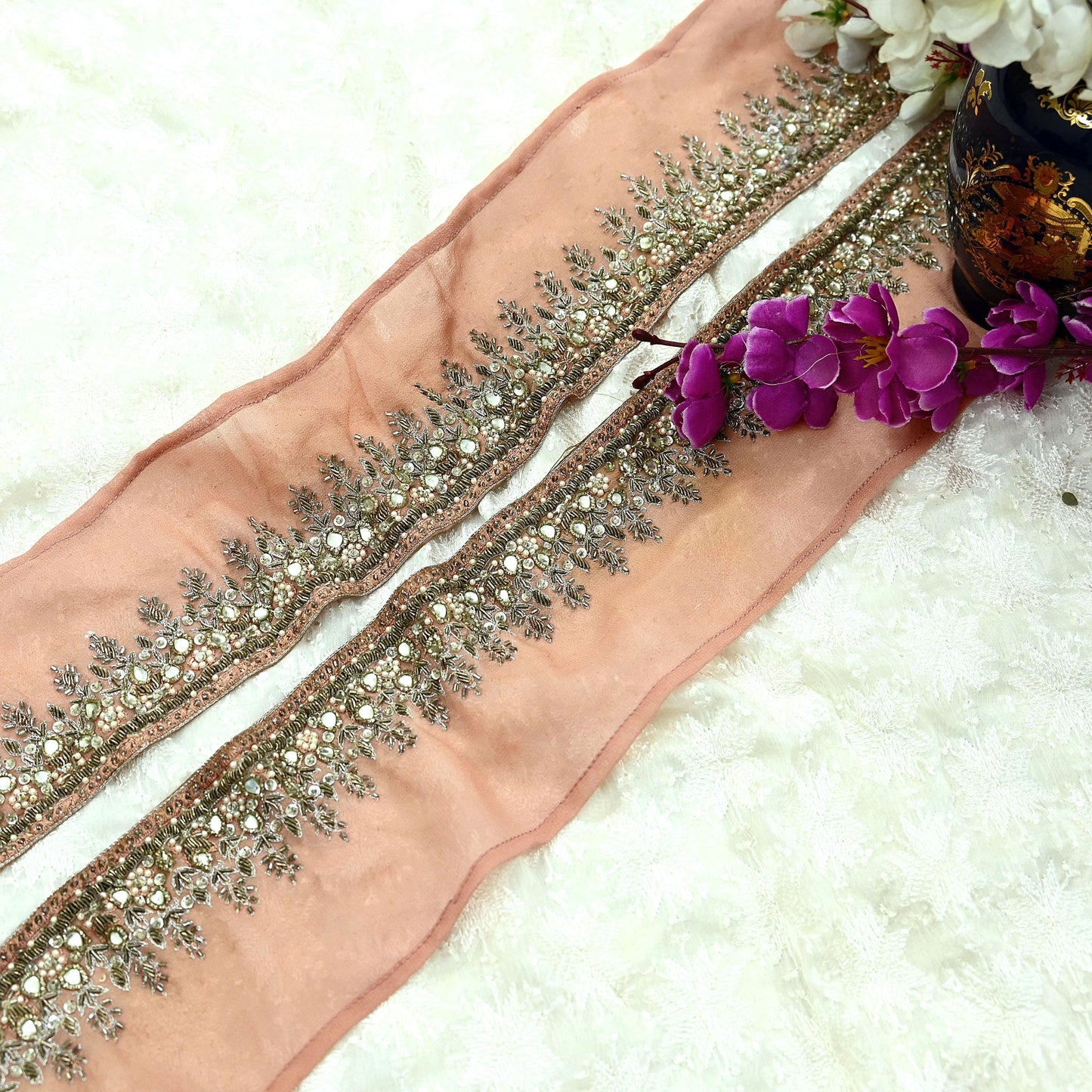 Indian Vintage Peach Sari Border Hand Embroidered Craft Trim Lace Sewing Pure Georgette Silk Ribbon Recycled Zardozi