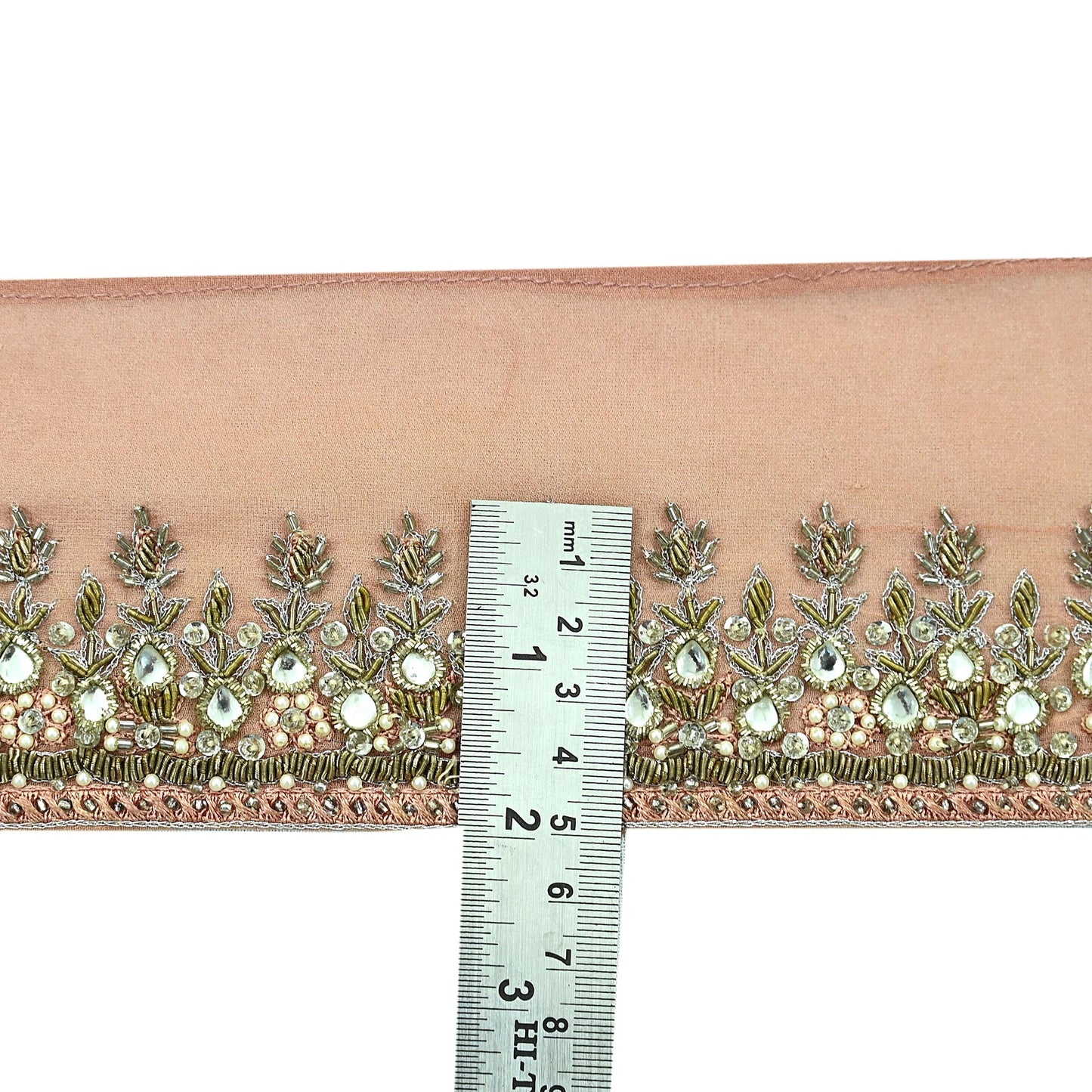 Indian Vintage Peach Sari Border Hand Embroidered Craft Trim Lace Sewing Pure Georgette Silk Ribbon Recycled Zardozi