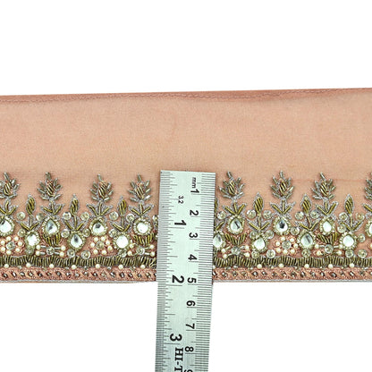 Indian Vintage Peach Sari Border Hand Embroidered Craft Trim Lace Sewing Pure Georgette Silk Ribbon Recycled Zardozi