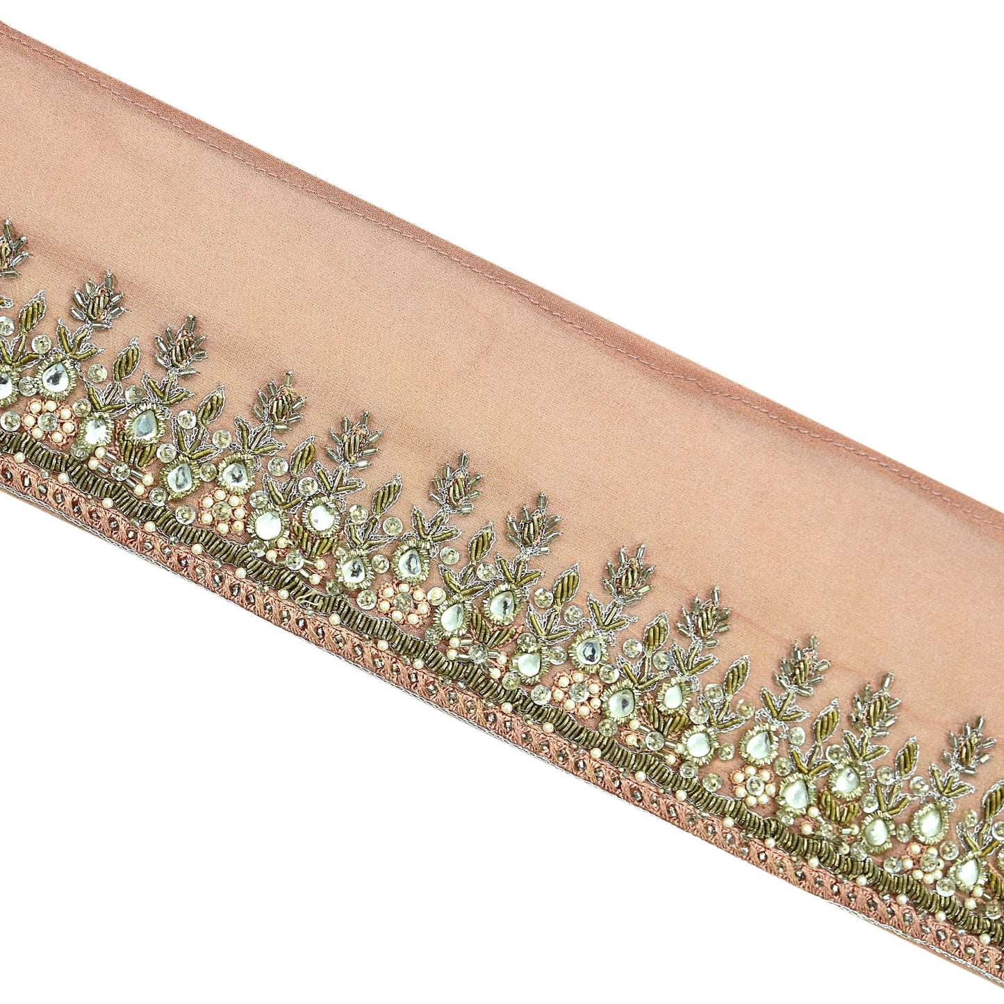 Indian Vintage Peach Sari Border Hand Embroidered Craft Trim Lace Sewing Pure Georgette Silk Ribbon Recycled Zardozi