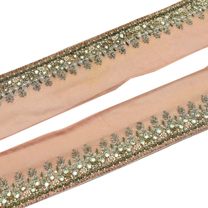 Indian Vintage Peach Sari Border Hand Embroidered Craft Trim Lace Sewing Pure Georgette Silk Ribbon Recycled Zardozi