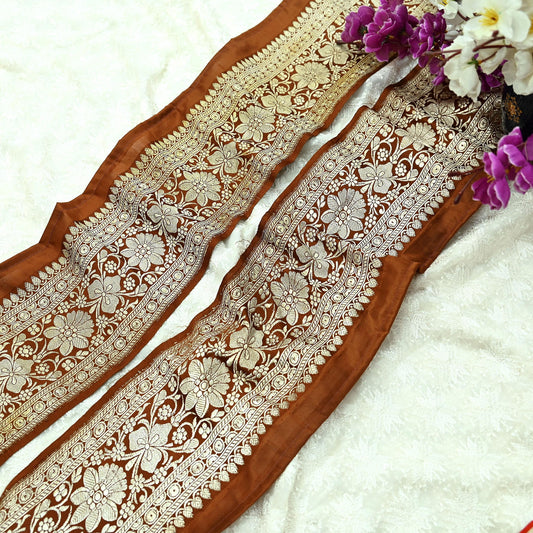 Indian Vintage Brown Sari Border Woven Banarasi 1yd Trim Craft Sewing Recycled Sari Border Golden Zari Pure Silk Home Decor Crafting