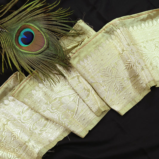 Indian Vintage Green Sari Border Woven Banarasi 1yd Trim Craft Sewing Recycled Sari Border Silver Zari Pure Silk Decor Crafting