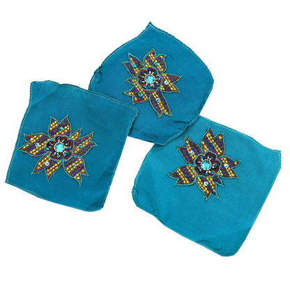 Indian Vintage 3 Pcs Rare Appliques Blue Pure Crepe silk Applique VERY OLD ANTIQUE Vintage Embroidered Snippets Remnants Craft Journals