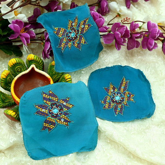 Indian Vintage 3 Pcs Rare Appliques Blue Pure Crepe silk Applique VERY OLD ANTIQUE Vintage Embroidered Snippets Remnants Craft Journals