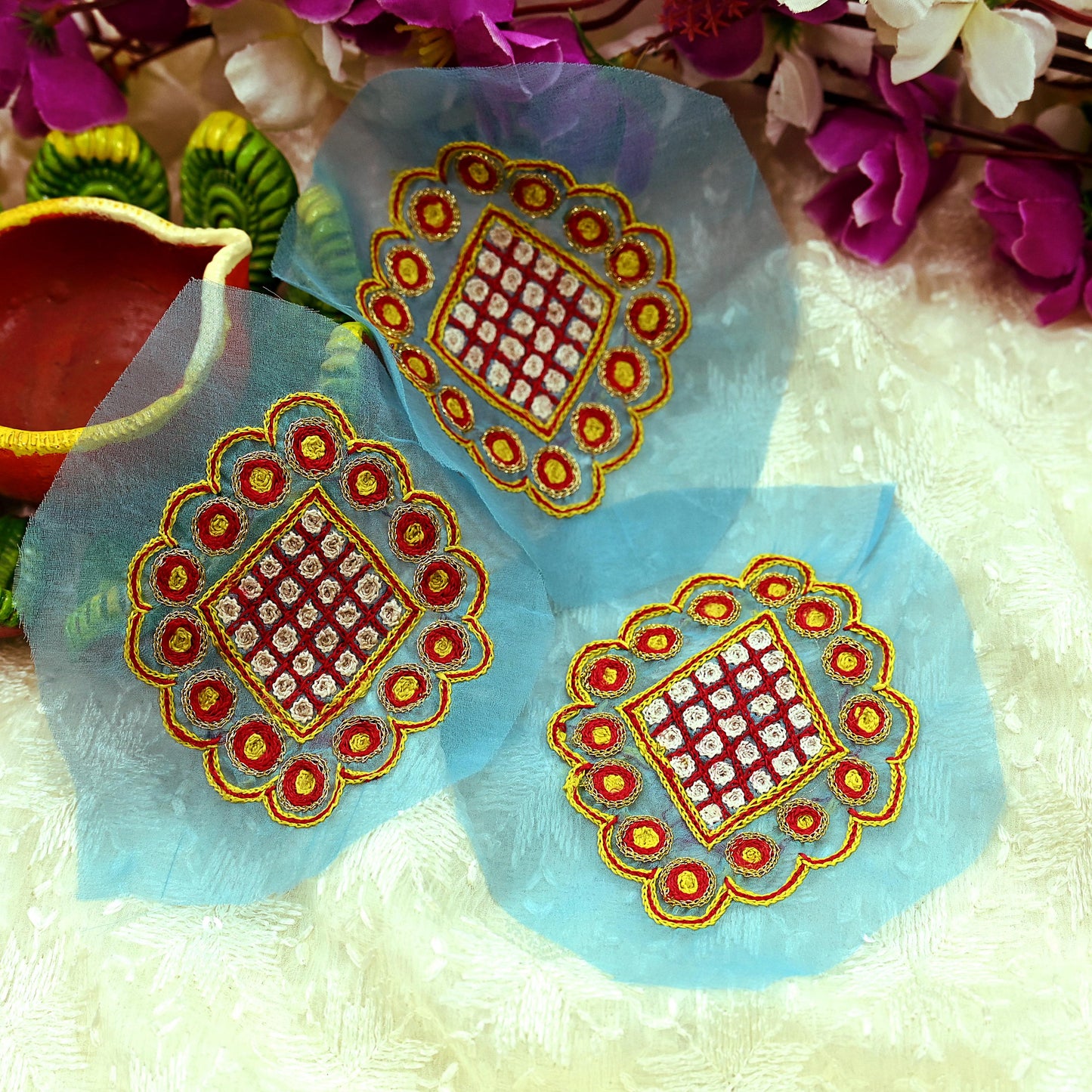Indian Vintage 3 Pcs Rare Appliques Blue Georgette Applique VERY OLD ANTIQUE Vintage Embroidered Snippets Remnants Craft Journals