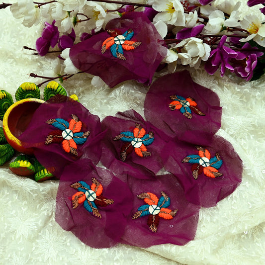 Indian Vintage 7 Pcs Rare Appliques Maroon Georgette Applique VERY OLD ANTIQUE Vintage Embroidered Snippets Remnants Craft Journals