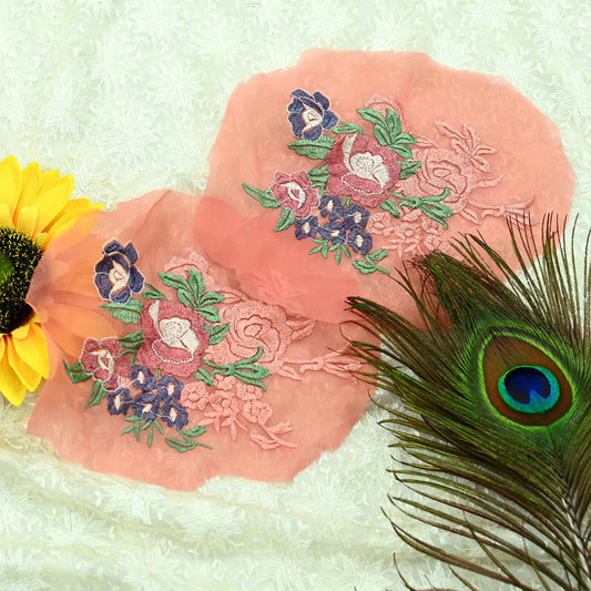 Indian Vintage 2 Pcs Rare Appliques Peach Georgette Applique VERY OLD ANTIQUE Vintage Embroidered Snippets Remnants Craft Journals Peacock