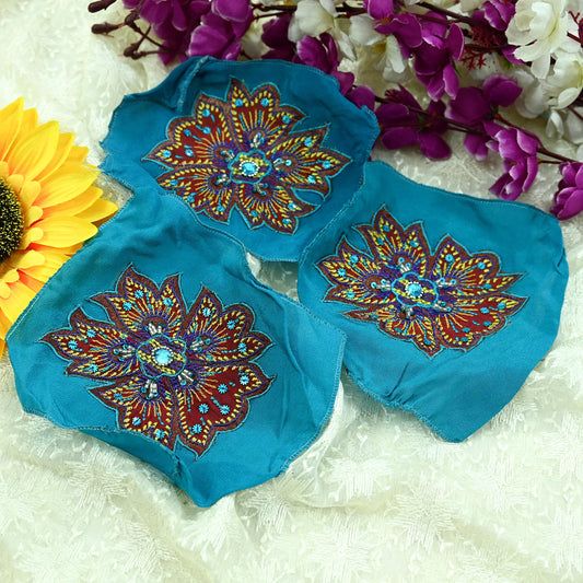 Indian Vintage 3 Pcs Rare Appliques Blue Pure Crepe silk Applique VERY OLD ANTIQUE Vintage Embroidered Snippets Remnants Craft Journals