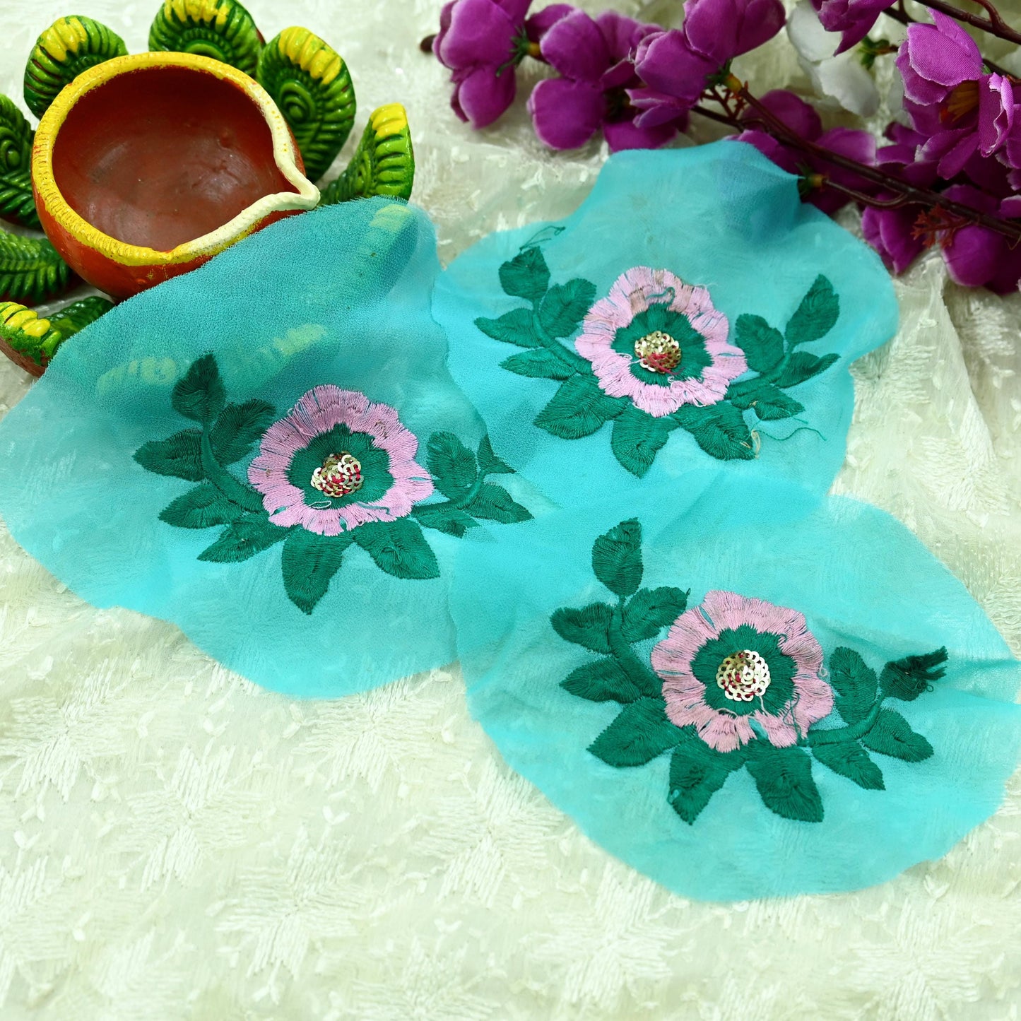 Indian Vintage 3 Pcs Rare Appliques Green Georgette Applique VERY OLD ANTIQUE Vintage Embroidered Snippets Remnants Craft Journals Peacock