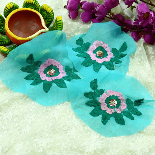 Indian Vintage 3 Pcs Rare Appliques Green Georgette Applique VERY OLD ANTIQUE Vintage Embroidered Snippets Remnants Craft Journals Peacock