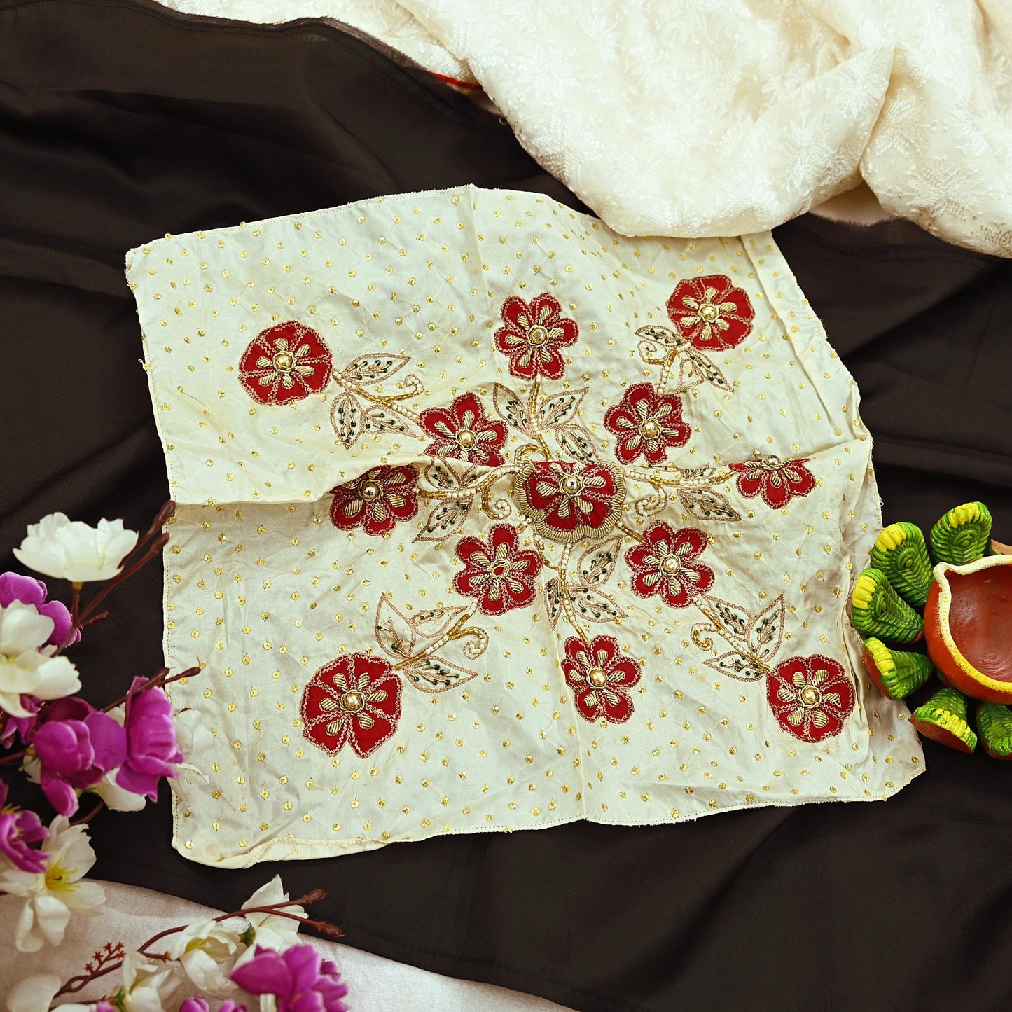Vintage 1 Pcs Appliques Ivory Sari Pure Silk Applique VERY OLD ANTIQUE Vintage Hand Embroidered Snippets Remnants Craft Journals India Rare