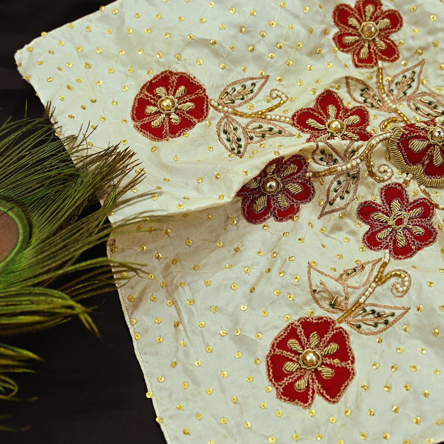 Vintage 1 Pcs Appliques Ivory Sari Pure Silk Applique VERY OLD ANTIQUE Vintage Hand Embroidered Snippets Remnants Craft Journals India Rare