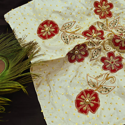 Vintage 1 Pcs Appliques Ivory Sari Pure Silk Applique VERY OLD ANTIQUE Vintage Hand Embroidered Snippets Remnants Craft Journals India Rare