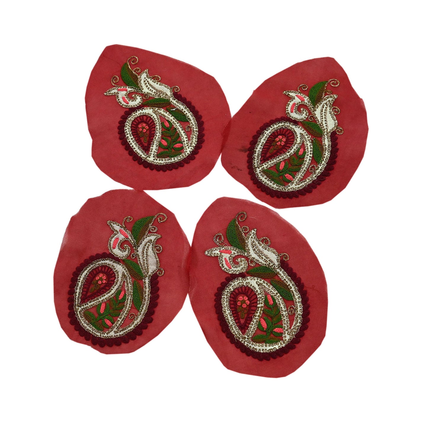 Indian Vintage 4 Pcs Rare Appliques Red Georgette Applique VERY OLD ANTIQUE Vintage Embroidered Snippets Remnants Craft Journals