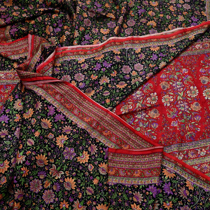 Indian Vintage Sari Black & Red Pure Silk Printed Sarees 6yd Sewing Craft Fabric Dress Making Soft For Crafting Quilting Upcycle