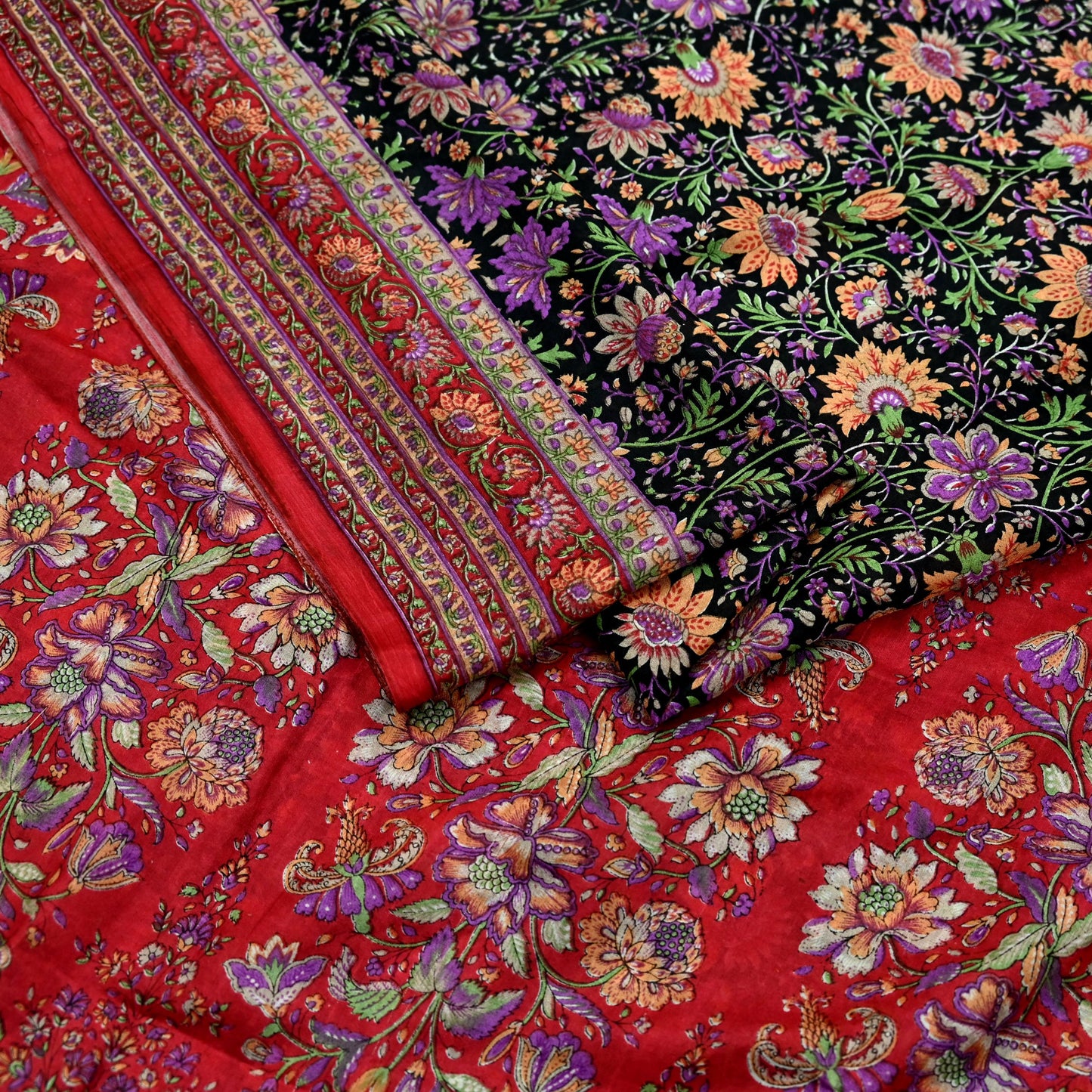 Indian Vintage Sari Black & Red Pure Silk Printed Sarees 6yd Sewing Craft Fabric Dress Making Soft For Crafting Quilting Upcycle