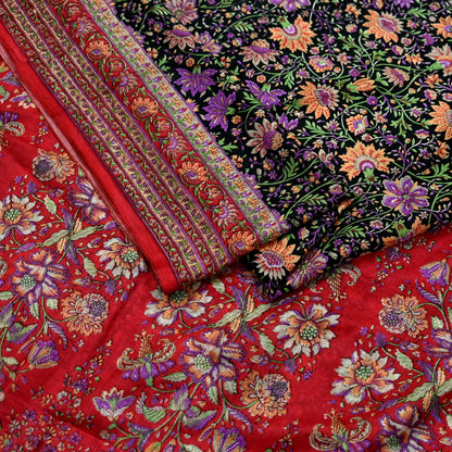 Indian Vintage Sari Black & Red Pure Silk Printed Sarees 6yd Sewing Craft Fabric Dress Making Soft For Crafting Quilting Upcycle