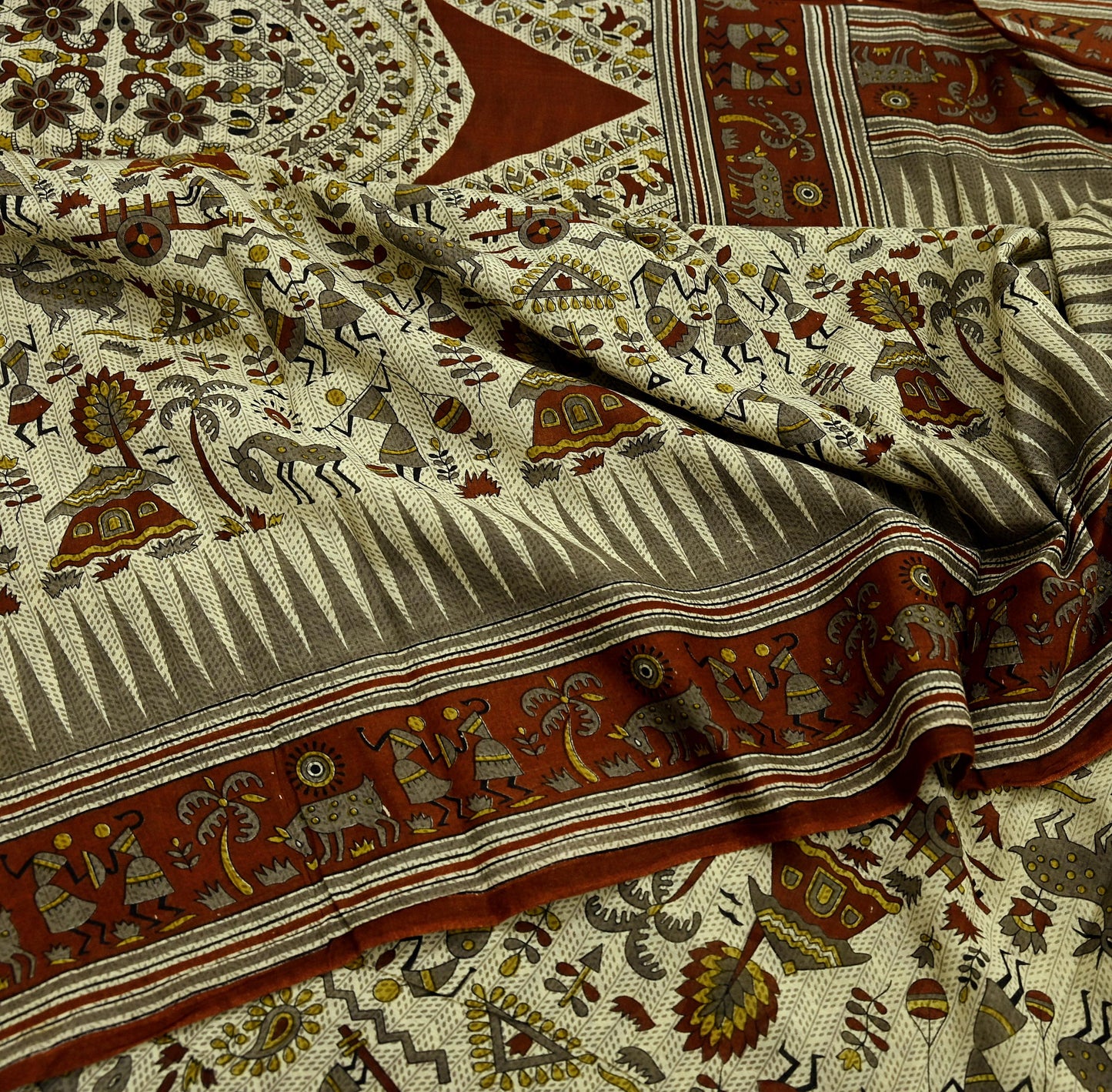 Indian Vintage Brown & Beige Saree Warli Print Pure Cotton Sari Craft Fabric 5Yd Soft Sewing Sarong Wrap Boho Dress making Crafting Quilting