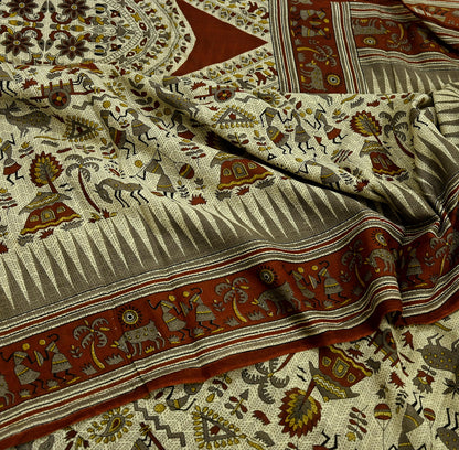 Indian Vintage Brown & Beige Saree Warli Print Pure Cotton Sari Craft Fabric 5Yd Soft Sewing Sarong Wrap Boho Dress making Crafting Quilting