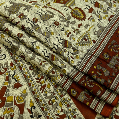 Indian Vintage Brown & Beige Saree Warli Print Pure Cotton Sari Craft Fabric 5Yd Soft Sewing Sarong Wrap Boho Dress making Crafting Quilting