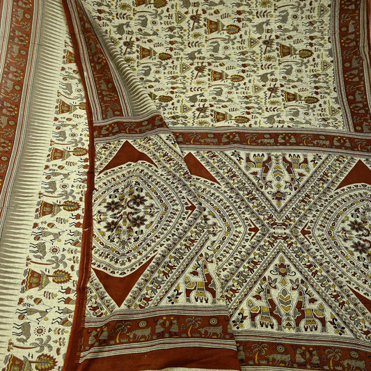 Indian Vintage Brown & Beige Saree Warli Print Pure Cotton Sari Craft Fabric 5Yd Soft Sewing Sarong Wrap Boho Dress making Crafting Quilting
