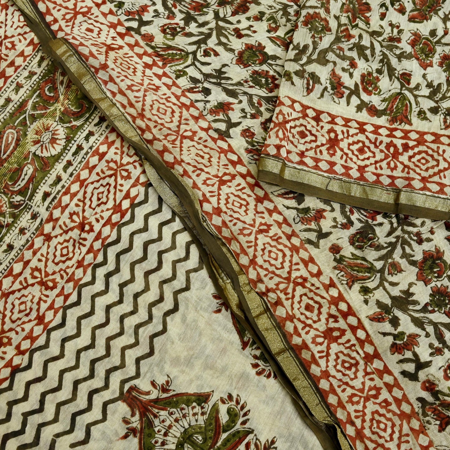 Indian Vintage Sari Beige Block Printed Chanderi Cotton Craft Fabric 5Yd Sewing Soft Dress Making Bollywood sarees Crafting Zari