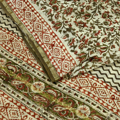 Indian Vintage Sari Beige Block Printed Chanderi Cotton Craft Fabric 5Yd Sewing Soft Dress Making Bollywood sarees Crafting Zari
