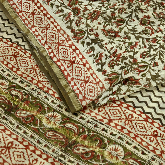 Indian Vintage Sari Beige Block Printed Chanderi Cotton Craft Fabric 5Yd Sewing Soft Dress Making Bollywood sarees Crafting Zari