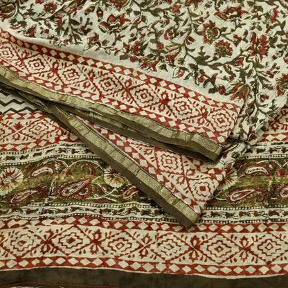 Indian Vintage Sari Beige Block Printed Chanderi Cotton Craft Fabric 5Yd Sewing Soft Dress Making Bollywood sarees Crafting Zari