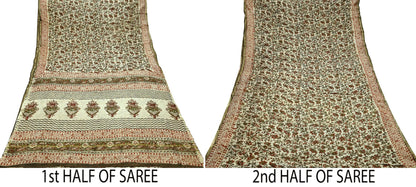 Indian Vintage Sari Beige Block Printed Chanderi Cotton Craft Fabric 5Yd Sewing Soft Dress Making Bollywood sarees Crafting Zari