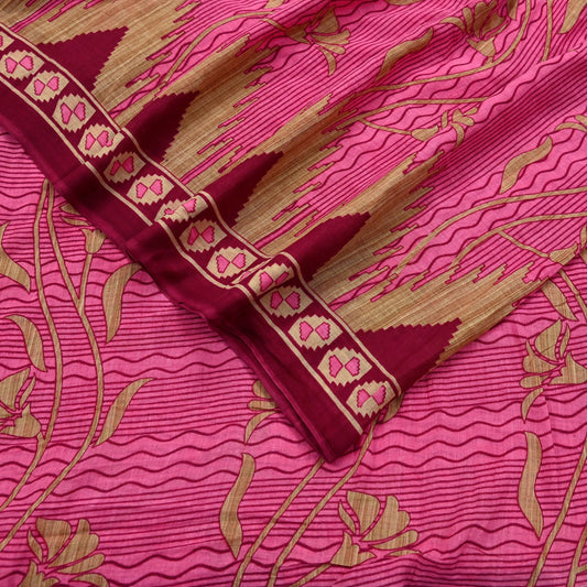 Indian Vintage Pink & Beige Saree Printed 100% Pure Cotton Sari Craft Fabric 5Yd Sewing Sarong Wrap Floral Dress making Quilting Crafting