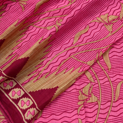 Indian Vintage Pink & Beige Saree Printed 100% Pure Cotton Sari Craft Fabric 5Yd Sewing Sarong Wrap Floral Dress making Quilting Crafting