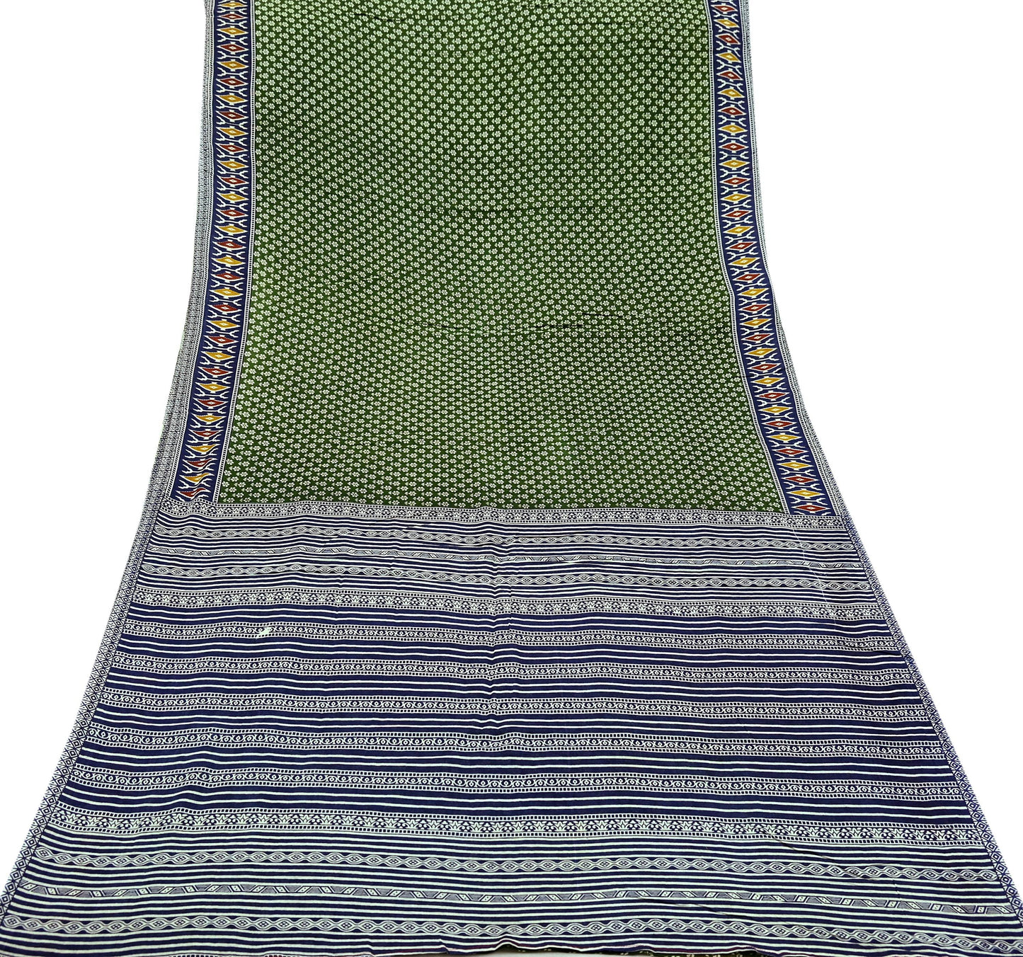 Indian Vintage Sari Blue & Green Pure Cotton Printed Sarees Craft Fabric 5Yd Soft Sewing Sarong Wrap Boho Floral Quilting Upcycle Crafting