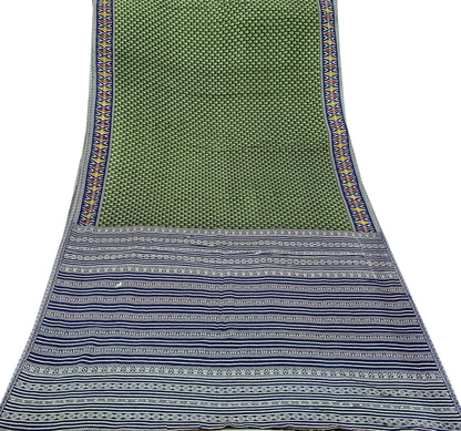 Indian Vintage Sari Blue & Green Pure Cotton Printed Sarees Craft Fabric 5Yd Soft Sewing Sarong Wrap Boho Floral Quilting Upcycle Crafting