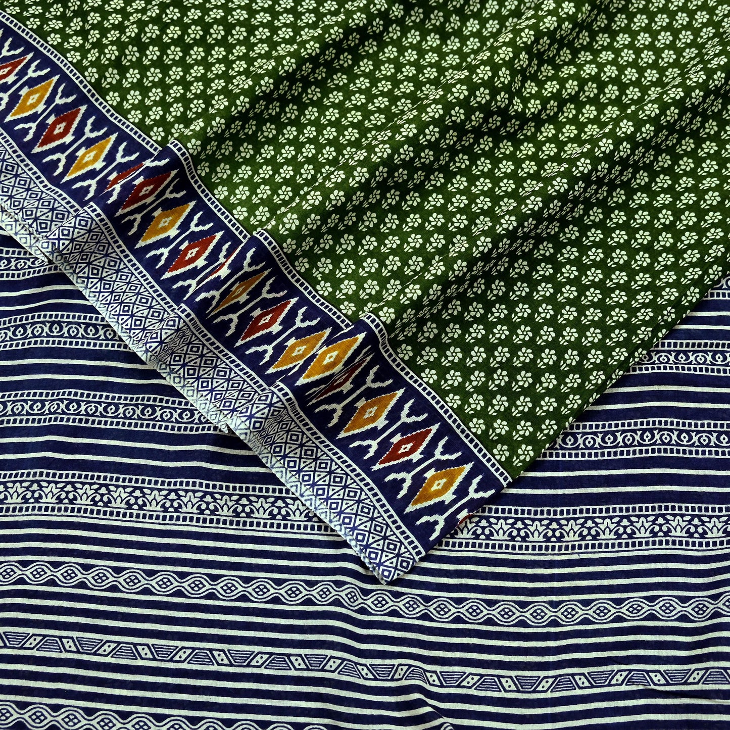 Indian Vintage Sari Blue & Green Pure Cotton Printed Sarees Craft Fabric 5Yd Soft Sewing Sarong Wrap Boho Floral Quilting Upcycle Crafting