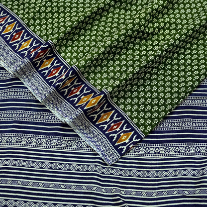 Indian Vintage Sari Blue & Green Pure Cotton Printed Sarees Craft Fabric 5Yd Soft Sewing Sarong Wrap Boho Floral Quilting Upcycle Crafting