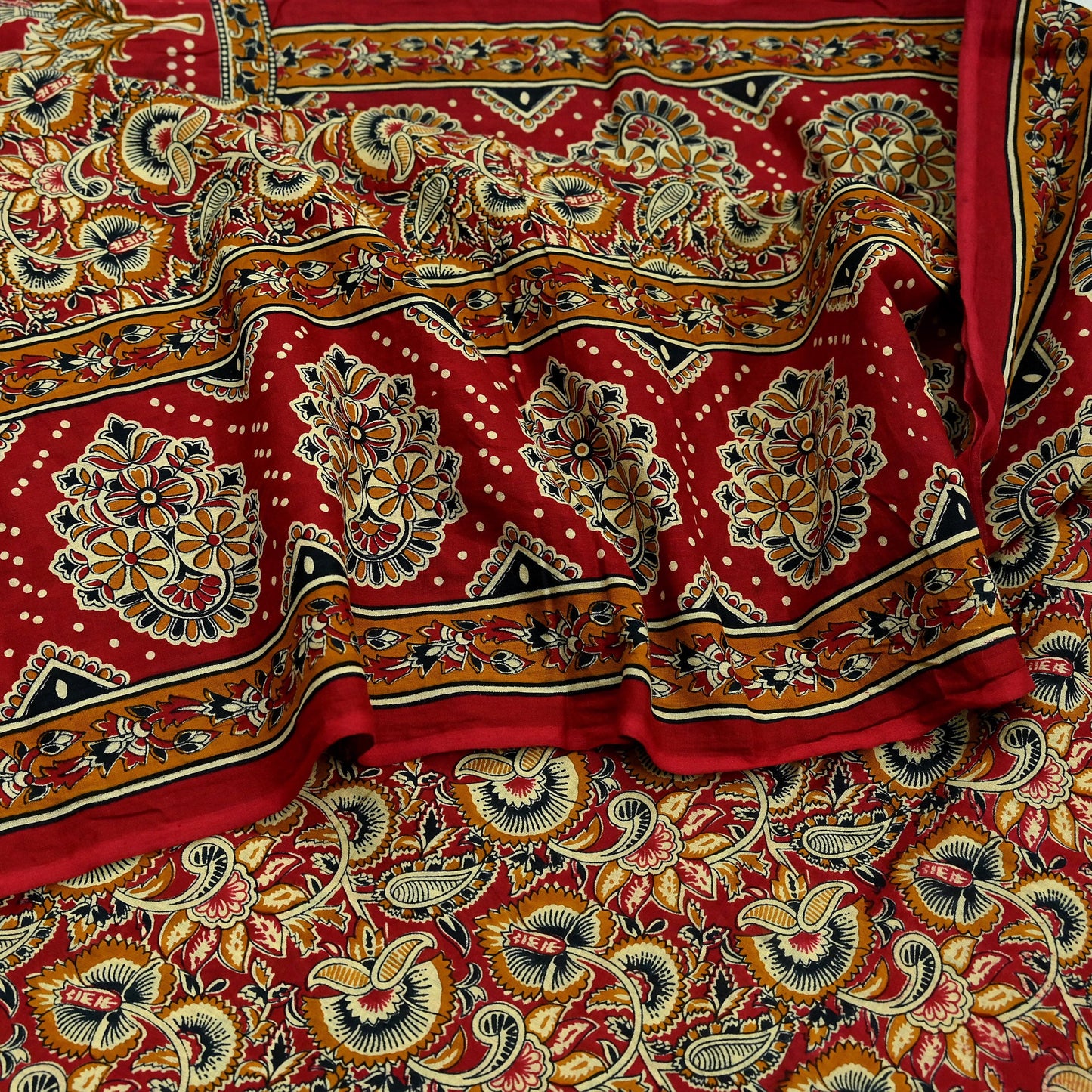 Indian Vintage Red & Beige Saree Printed 100% Pure Cotton Sari Craft Fabric 5Yd Soft Sewing Sarong Wrap Dress Making Quilting Crafting