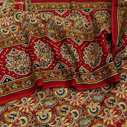 Indian Vintage Red & Beige Saree Printed 100% Pure Cotton Sari Craft Fabric 5Yd Soft Sewing Sarong Wrap Dress Making Quilting Crafting