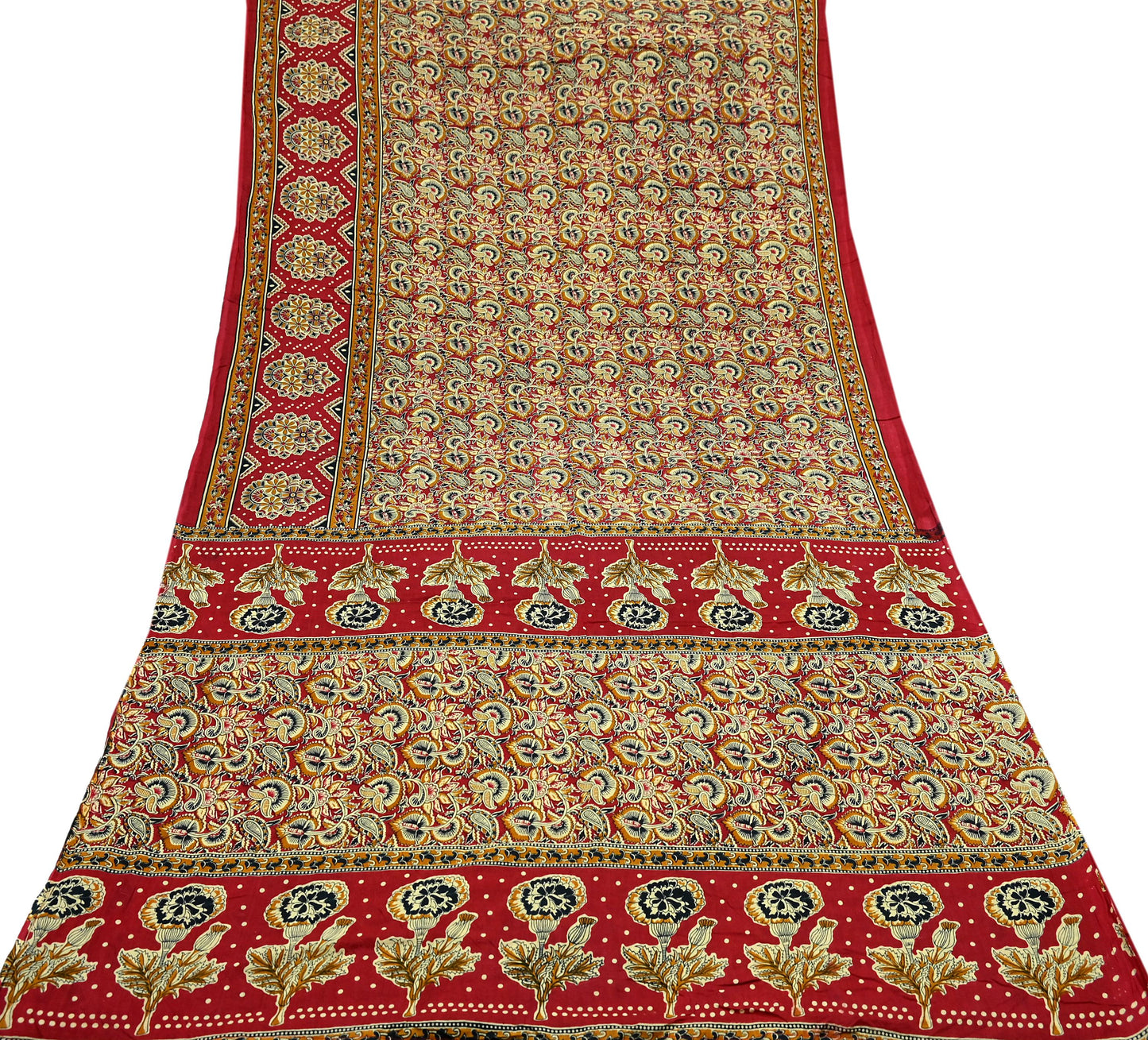 Indian Vintage Red & Beige Saree Printed 100% Pure Cotton Sari Craft Fabric 5Yd Soft Sewing Sarong Wrap Dress Making Quilting Crafting