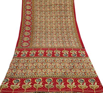 Indian Vintage Red & Beige Saree Printed 100% Pure Cotton Sari Craft Fabric 5Yd Soft Sewing Sarong Wrap Dress Making Quilting Crafting