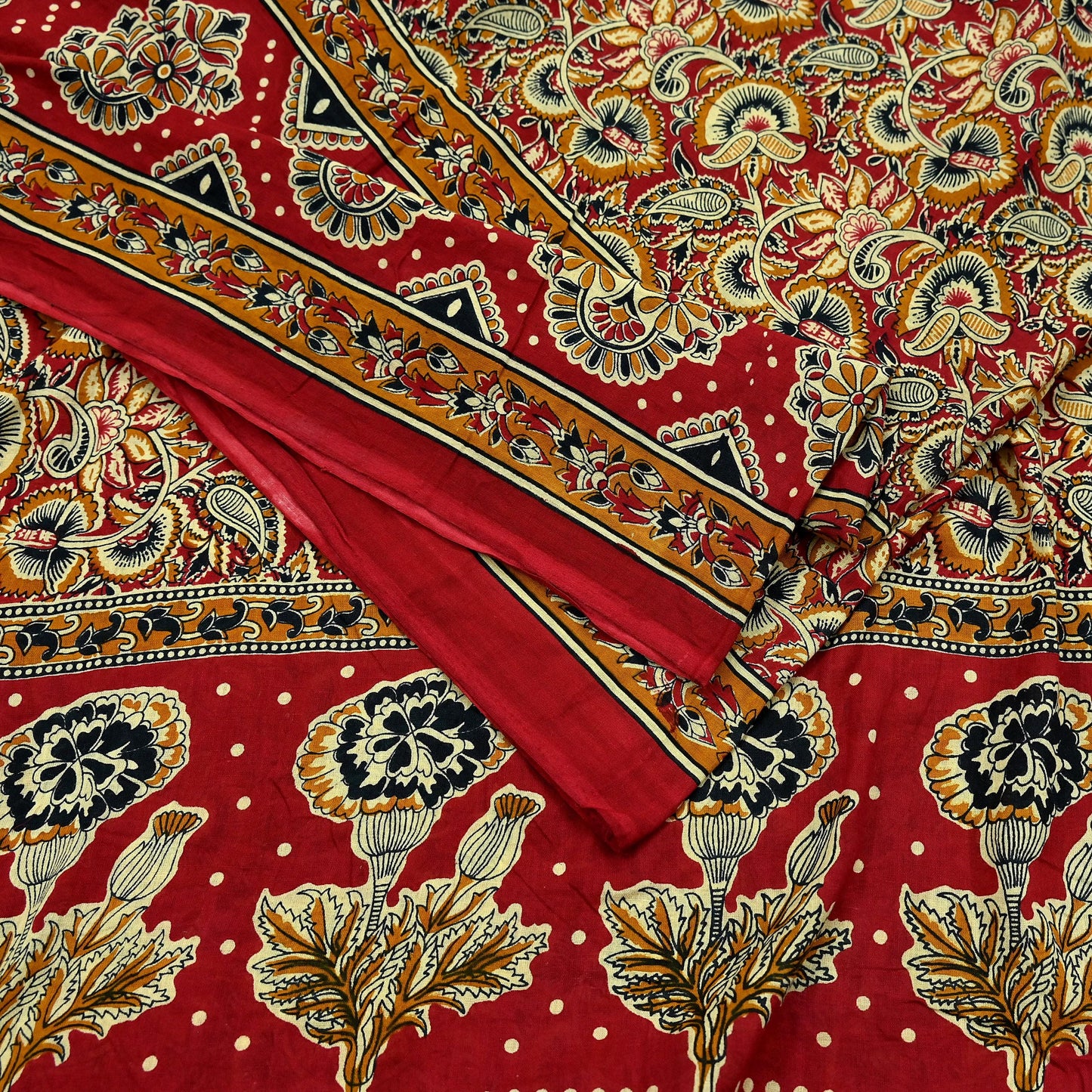 Indian Vintage Red & Beige Saree Printed 100% Pure Cotton Sari Craft Fabric 5Yd Soft Sewing Sarong Wrap Dress Making Quilting Crafting